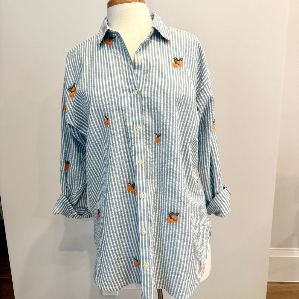 LOFT Blue and White Striped Shirt with 🍊Orange Embroidery Detail Size